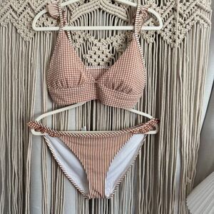 Aerie Seersucker Ruffle Longline Triangle Bikini Top & Bottoms – Size Large, Raw